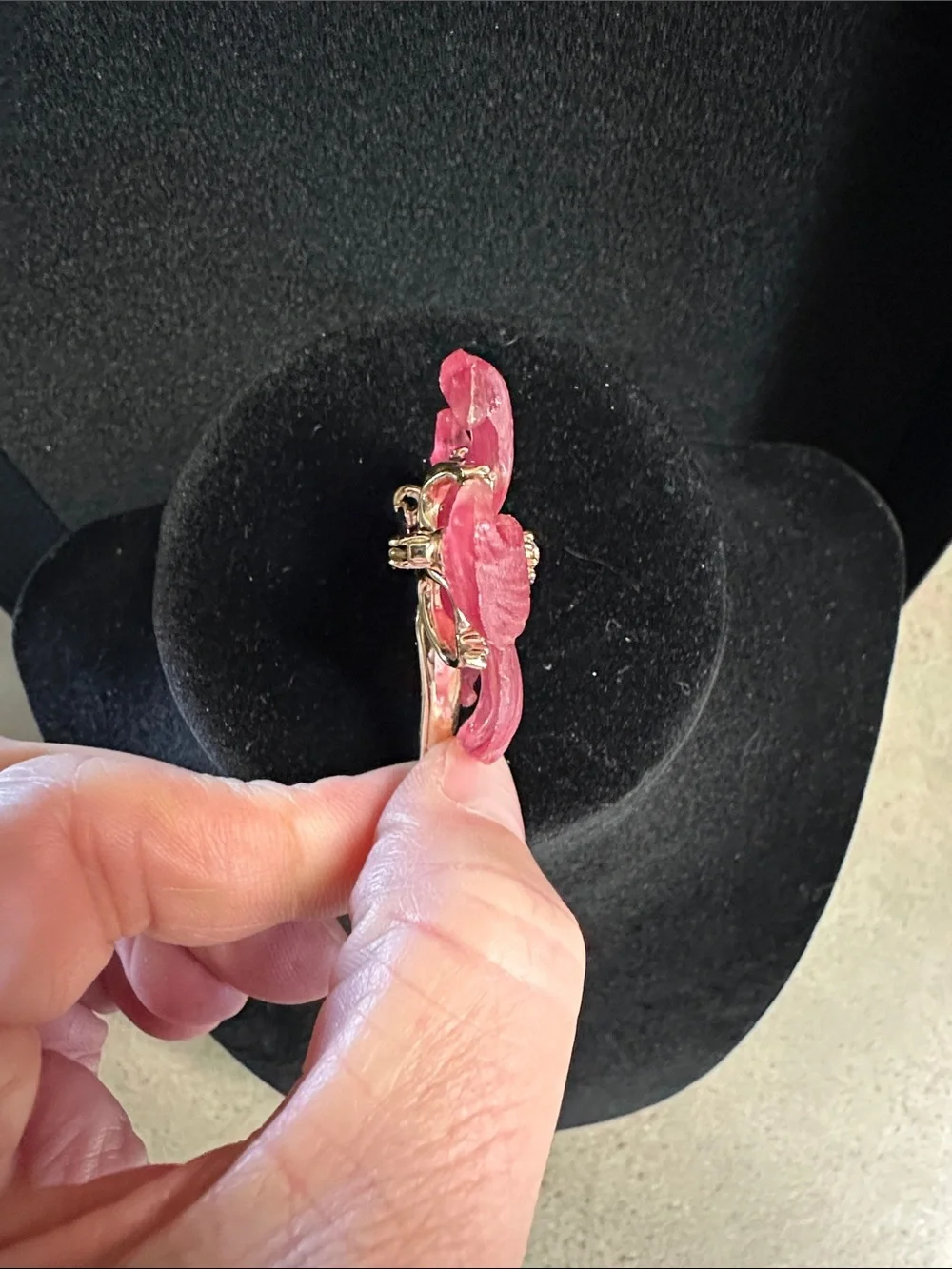 Elegant Vintage Molded Pink Lucite Floral Crystal Brooch